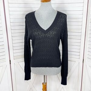 Halogen Pointelle Eyelet Mesh Linen Knit V Neck Sweater Black Small